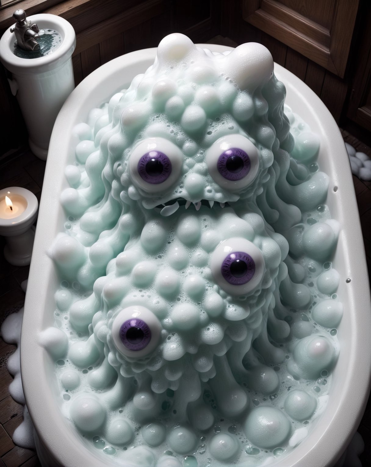 Photo of cute eldritch monster , made out of bath foam, bubble bath , Victorian bath tub, art by Escher