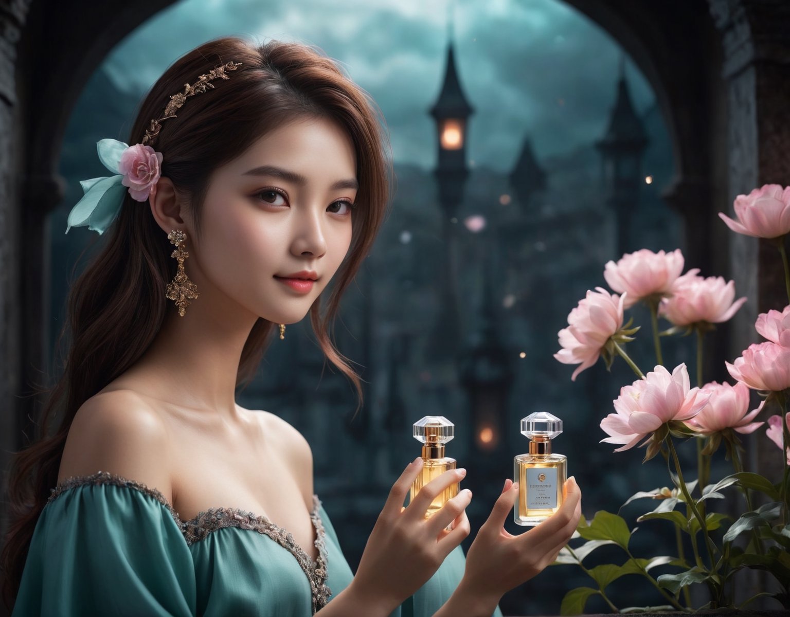 ((masterpiece), (best quality), (extremely detailed)), Beauty Girl, brown hair,  smile face, holding a perfume, flower all around In a realm shrouded in eternal twilight, a hauntingly surreal scene unfolds. The focus is on a darkangel wafu, captured in a blend of light and shadow, in a medium shot. The background features a subtle bokeh effect, enhancing the dreamlike atmosphere. With an HDR ratio of 1.5, the image showcases high contrast, emphasizing the interplay between darkness and light. The cinematic composition is enriched with a soft pink and tosca color grading at 0.85 intensity, infusing the scene with a mesmerizing aesthetic. Muted colors, dim colors, and soothing tones of 1.4 create an otherworldly ambiance. The overall saturation is intentionally kept low, enhancing the mysterious allure of the composition. background marble, wearing mini earring, wearing modesty dressed, aesthetic portrait,detailmaster2, 5 fingers,
,aesthetic portrait,detailmaster2,,TechStreetwear,Clear Glass Skin,DonM3lv3nM4g1cXL,Mechanical part,mecha,xxmix_girl,hubggirl,FilmGirl,Enhanced All,Masterpiece,1 girl ,solo