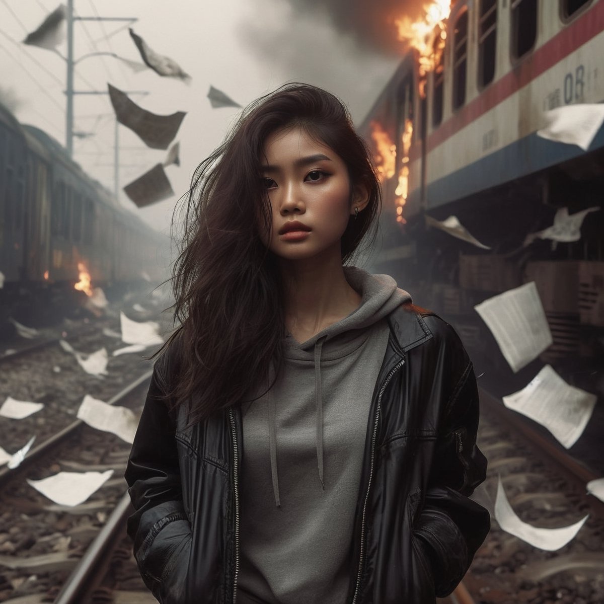 (masterpiece), (best quality), (extremely detailed)), ((One Beauty Indonesian Girl)) solo, medium shot, wearing jacket outfit, running on rail train, loating papers, damaged train background, masterpieces, HD quality, dark, haze and smoke.background features a subtle bokeh effect, enhancing the dreamlike atmosphere. With an HDR ratio of 1.5, the image showcases high contrast, emphasizing the interplay between darkness and light. The cinematic composition is enriched with a soft pink and tosca color grading at 0.85 intensity, infusing the scene with a mesmerizing aesthetic. Muted colors, dim colors, and soothing tones of 1.4 create an otherworldly ambiance. The overall saturation is intentionally kept low, enhancing the mysterious allure of the composition. background nature,wearing mini earring, ugly fingers, 5 finger, ultrasharp
,aesthetic portrait,detailmaster2,xxmixgirl,dark moody atmosphere,LegendDarkFantasy,Movie Still,more detail XL,shards,Cinematic ,chinese girls,Masterpiece,xxmix_girl,FilmGirl