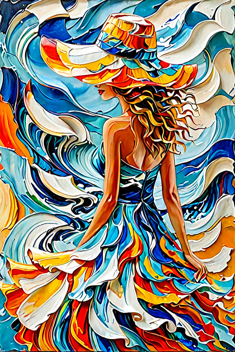 A vibrant and colorful painting of a woman in a flowing dress and a wide-brimmed hat. The woman's hair is depicted in a wavy manner, cascading down her back. The background consists of abstract blue and white patterns, possibly representing water or waves. The painting style is thick and textured, with bold brush strokes that give it a three-dimensional feel.