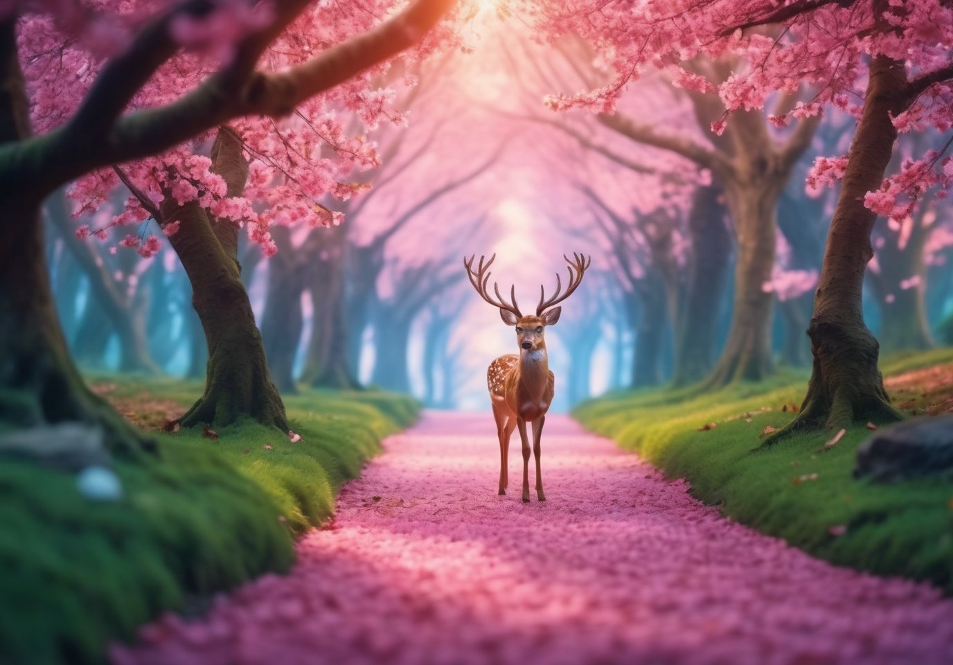 best quality, 8K, HDR, detailed, fairy in magical forest, (fairy wings:0.6),lower angels  view,  ,extreme width scene,Ektachrome slide film, pink sakura trees are all over the road,leaf carpet ,dawn,dreamy bokeh, atmospheric depth, weird patterns, a deer look at sky,far view