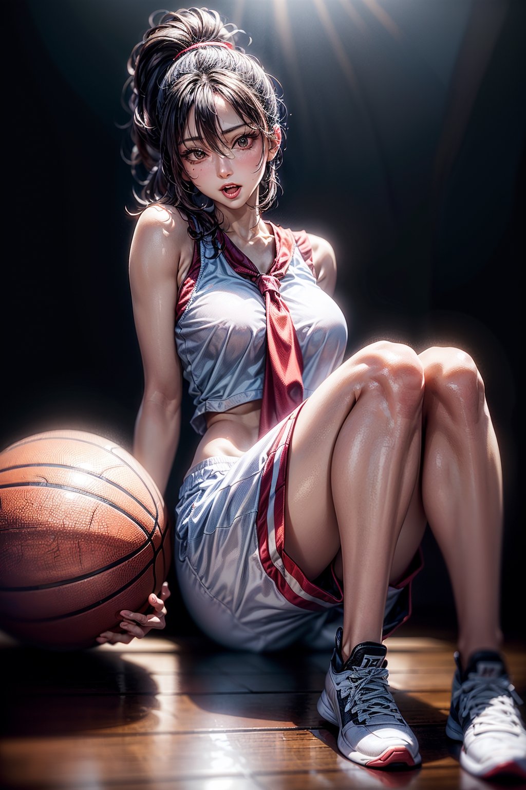 (((1ponytail hair girl:1.3, solo))), (a extremely pretty and beautiful milf:1.3), (22 years old: 1.1), (pointing at you:1.3), (stylish basketball posing:1.3), (open stance:1.3), (dribbling:1.3),  at basketball arena, holding a basketball,spot light ,
break, 
(up-ponytail:1.3), (shiny-black thin hair:1.2), bangs, dark brown eyes, beautiful eyes, princess eyes, bangs, Hair between eyes, short hair:1.3, slender, (gigantic breasts:1.3, sagging breasts:1.3, disproportionate breasts;1.3), (thin waist: 1.3), (detailed beautiful girl: 1.4), Parted lips, Red lips, full-make-up face, (shiny skin), ((Perfect Female Body)), (upper body Image:1.3), Perfect Anatomy, Perfect Proportions, (most beautiful Asian actress face:1.3, extremely cute and beautiful Korean idol face:1.3), (seductive emotion:1.3), (blowjob face:1.3, open mouth:1.3), (4fingers and thumb:1.3), (perfect ratio human hands:1.3), 
BREAK, 
(wearing red +white basketball unifrom:1.3), (sports shorts:1.3), (basketball shoes:1.3), detailed clothes, 
BREAK, 
a basketball arema, basketball, baseketball goal, audience, player, coach, 
BREAK, 
(Realistic, Photorealistic: 1.37), (Masterpiece, Best Quality: 1.2), (Ultra High Resolution: 1.2), (RAW Photo: 1.2), (Sharp Focus: 1.3), (Face Focus: 1.2), (Ultra Detailed CG Unified 8k Wallpaper: 1.2), (Beautiful Skin: 1.2), (pale Skin:1.3), (Hyper Sharp Focus: 1.5), (Ultra Sharp Focus: 1.5), (Beautiful pretty face: 1.3), (super detailed background, detail background: 1.3), Ultra Realistic Photo, Hyper Sharp Image, Hyper Detail Image, ,Indoor Grey