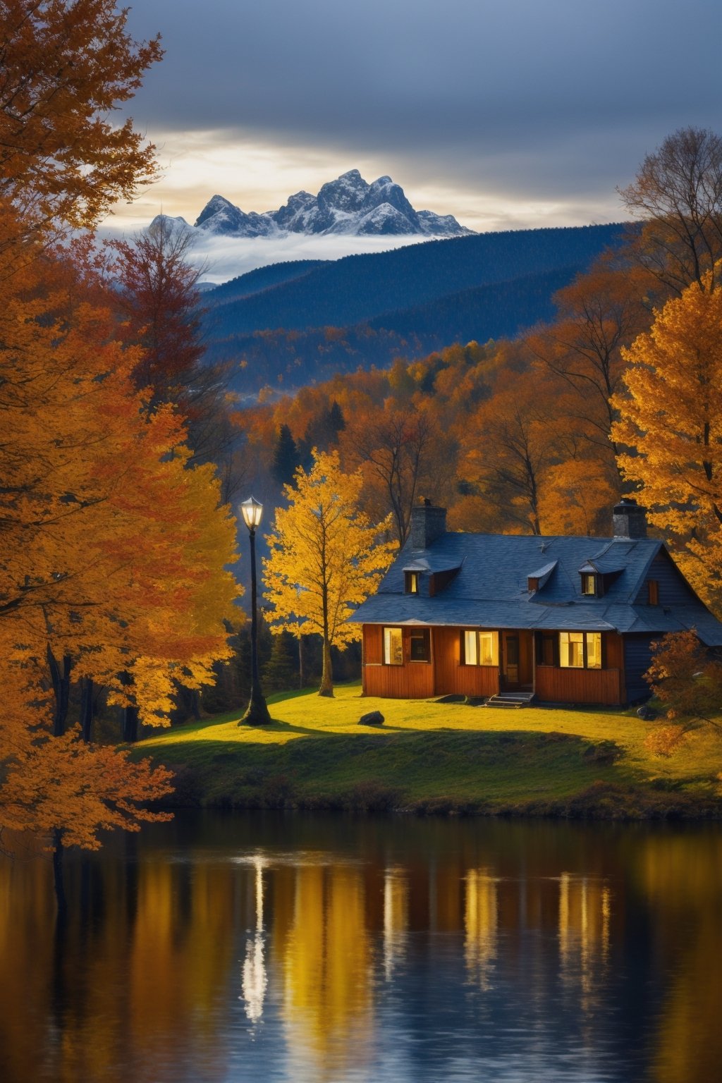 Masterpiece, ultra detail,realistic,  autumn, at night, small glass hunter house near big quite lake, reflection house,camera form lake , fall forest alround lake, far snow mountain,,extrem big wind, mountain,impressionism,fine art