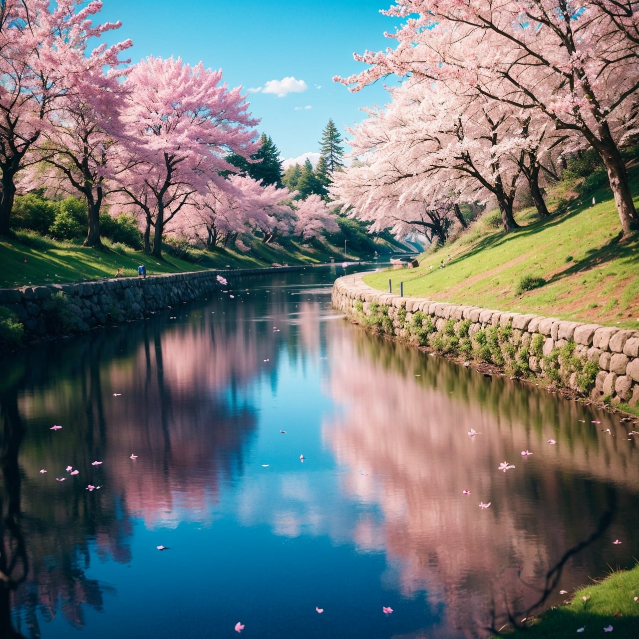 best quality, 8K, HDR, ultra detailed, 2 point perspective,realistic:1.3,wide view,  ,extreme width scene from far,Ektachrome slide film, pink Sakura Tree over the river side ,reflection ,blue sky,dawn,dreamy bokeh, atmospheric depth, weird patterns, 