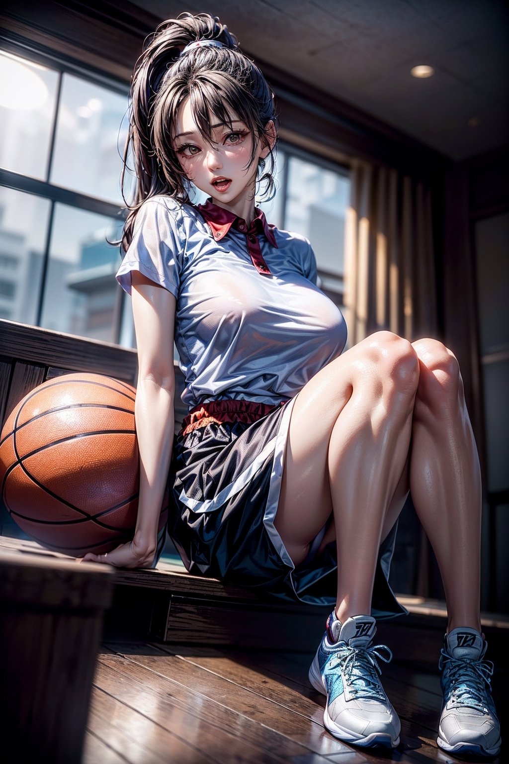 (((1ponytail hair girl:1.3, solo))), (a extremely pretty and beautiful milf:1.3), (22 years old: 1.1), (pointing at you:1.3), (stylish basketball posing:1.3), (open stance:1.3), (dribbling:1.3),  at basketball arena, holding a basketball,spot light ,
break, 
(up-ponytail:1.3), (shiny-black thin hair:1.2), bangs, dark brown eyes, beautiful eyes, princess eyes, bangs, Hair between eyes, short hair:1.3, slender, (gigantic breasts:1.3, sagging breasts:1.3, disproportionate breasts;1.3), (thin waist: 1.3), (detailed beautiful girl: 1.4), Parted lips, Red lips, full-make-up face, (shiny skin), ((Perfect Female Body)), (upper body Image:1.3), Perfect Anatomy, Perfect Proportions, (most beautiful Asian actress face:1.3, extremely cute and beautiful Korean idol face:1.3), (seductive emotion:1.3), (blowjob face:1.3, open mouth:1.3), (4fingers and thumb:1.3), (perfect ratio human hands:1.3), 
BREAK, 
(wearing red +white basketball unifrom:1.3), (sports shorts:1.3), (basketball shoes:1.3), detailed clothes, 
BREAK, 
a basketball arema, basketball, baseketball goal, audience, player, coach, 
BREAK, 
(Realistic, Photorealistic: 1.37), (Masterpiece, Best Quality: 1.2), (Ultra High Resolution: 1.2), (RAW Photo: 1.2), (Sharp Focus: 1.3), (Face Focus: 1.2), (Ultra Detailed CG Unified 8k Wallpaper: 1.2), (Beautiful Skin: 1.2), (pale Skin:1.3), (Hyper Sharp Focus: 1.5), (Ultra Sharp Focus: 1.5), (Beautiful pretty face: 1.3), (super detailed background, detail background: 1.3), Ultra Realistic Photo, Hyper Sharp Image, Hyper Detail Image, ,Indoor Grey