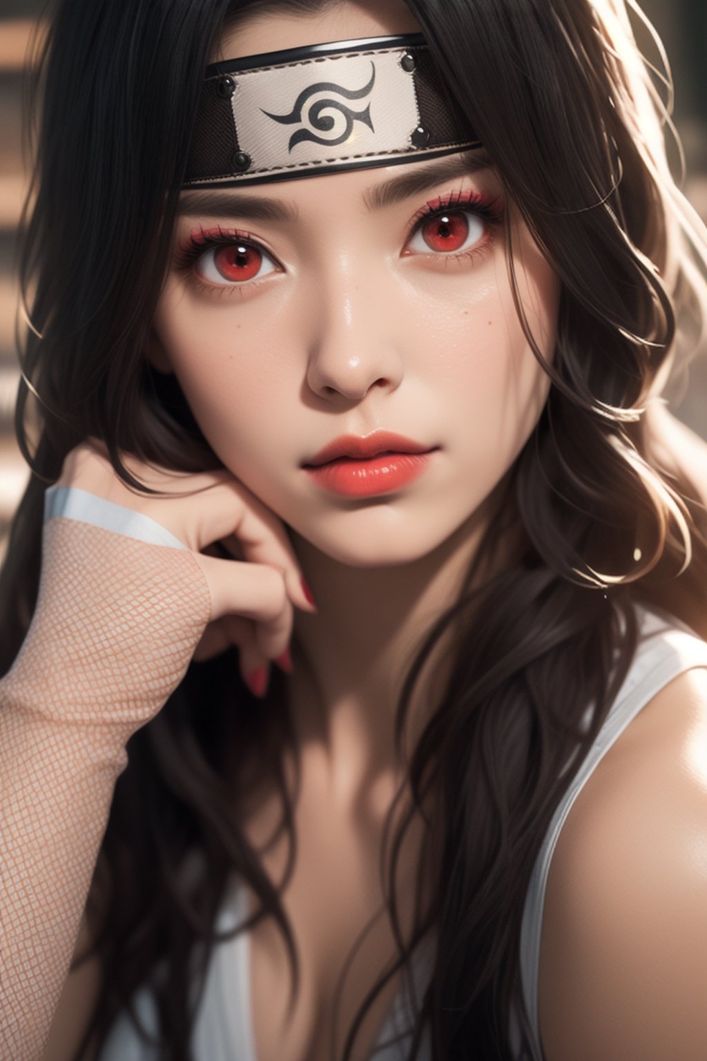 masterpiece, best quality, realistic,ultra detail skin,nar_kurenai_yuhi
forehead protector
bandages
sarashi
red eyes
Light makeup
lipstick
fishnets
ninja, sexy pose