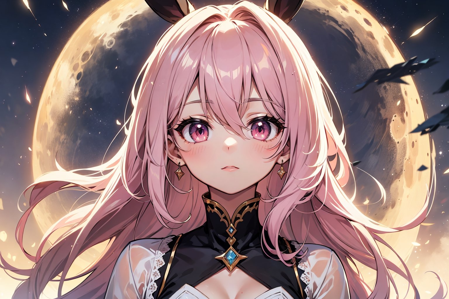 absurdres, highres, ultra detailed, (1girl:1.3),detailed background, Red eyes, long braided hair, two-tone silver and pink hair, see-through, pearly white, white bunny girl, lace decorations, moon, starry sky, rainbow colors, and upward glance,