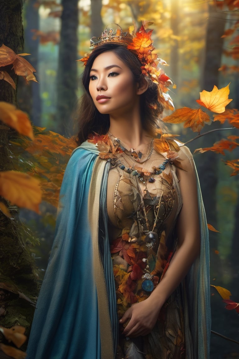 photo r3al,greg rutkowski, photorealism, hyper realistic photograph, full body of beautiful asian fairy, fairy tale, beautiful face, detailed realistic face, detailed realistic body, a forest guardian in a cloak of vibrant autumn leaves. Capture this scene with a 135mm focal length and a moderate aperture (f/6.3) to create a pleasing background blur. The guardian should be standing at the entrance of an enchanted forest, bathed in soft, morning sunlight, cinematic, photo real, deviant art, realistic Face, 8K, Highly detailed, Photorealistic, G cup, Proportional hands, Cinematic, Dynamic color