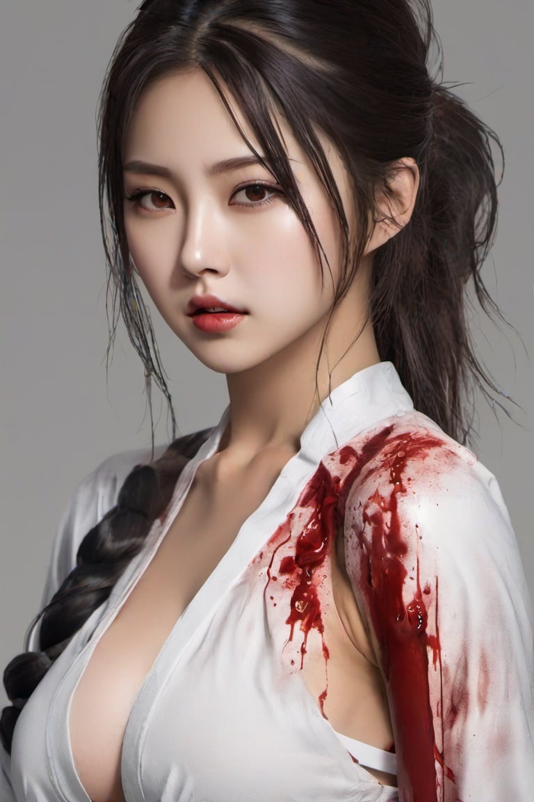 photo r3al,korean girl,hyperrealistic,sexy girl,20 years old,ancient warrior,minimalist clothes,clothing_malfunction,nudity,bloody,blood in the body,detailed realistic,fantasy art,