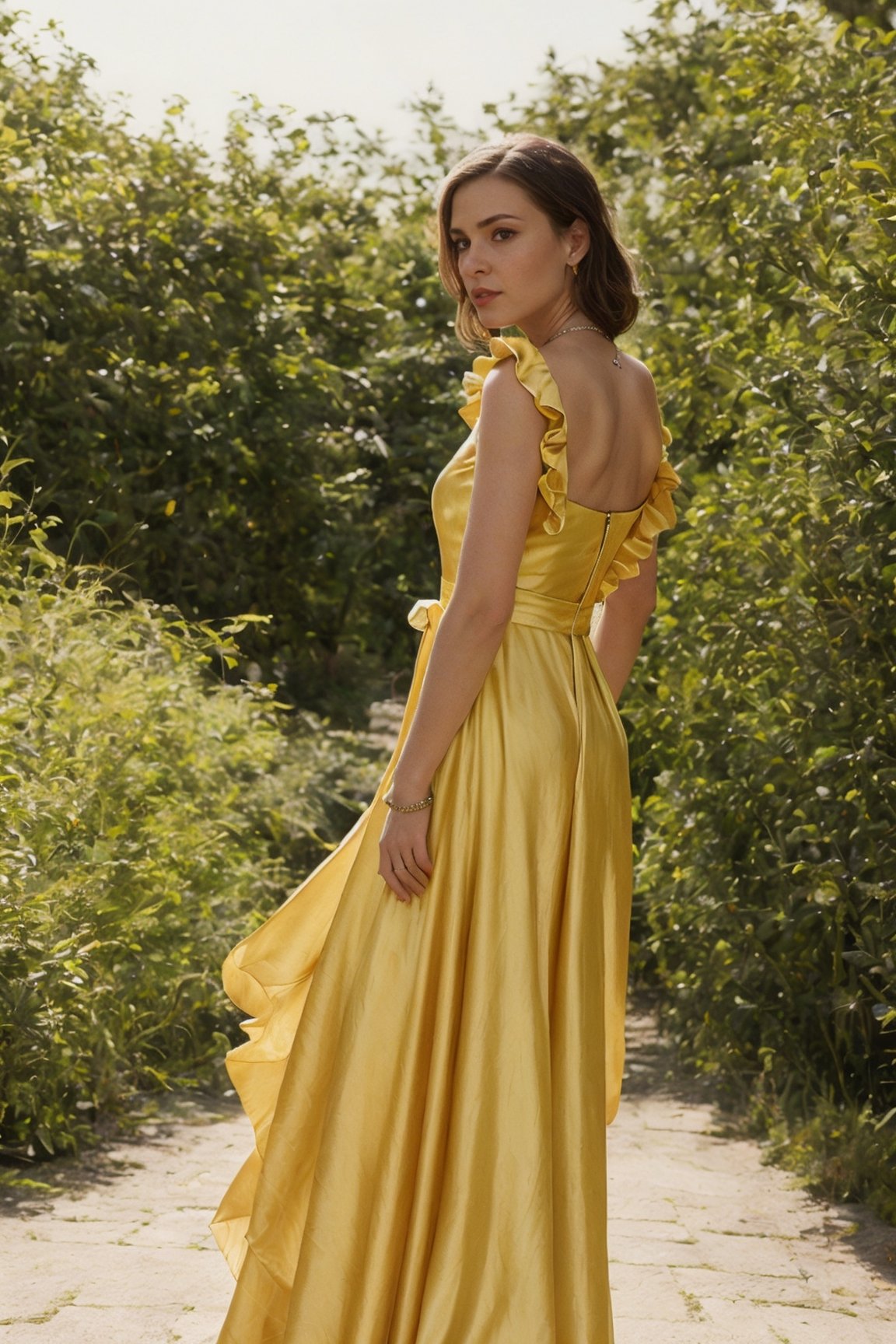 british woman, 30, wearing yellow ruffled satin gown, outside mansion, necklace, dramatic daylight lighting, perfect hands, bright sunlight