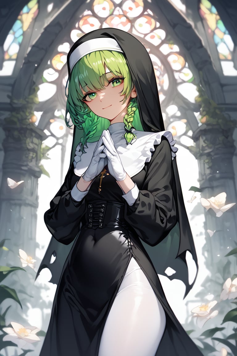 (darkgreen hair,black nun,beautiful face:1.3),sidebraided,white longgloves to elbows,white arms,praying pose,Limit skin exposure,no expose skin,tight costume,light smile,calm,(adult body,bigbody,glamorous,small eyes,white glove,white tights,frilled aperonlike shoulder,ultradetailed irrust)
(score_9,score_8_up,score_7_up,score_6_up,score_5_up,score_4_up),best quality,masterpiece,(green long bangs,having a long fringe),face her front,standing,woody ruins,corset,darkfantasy,horror theme,oil painting,having thick blackeyelashes,eyeliner