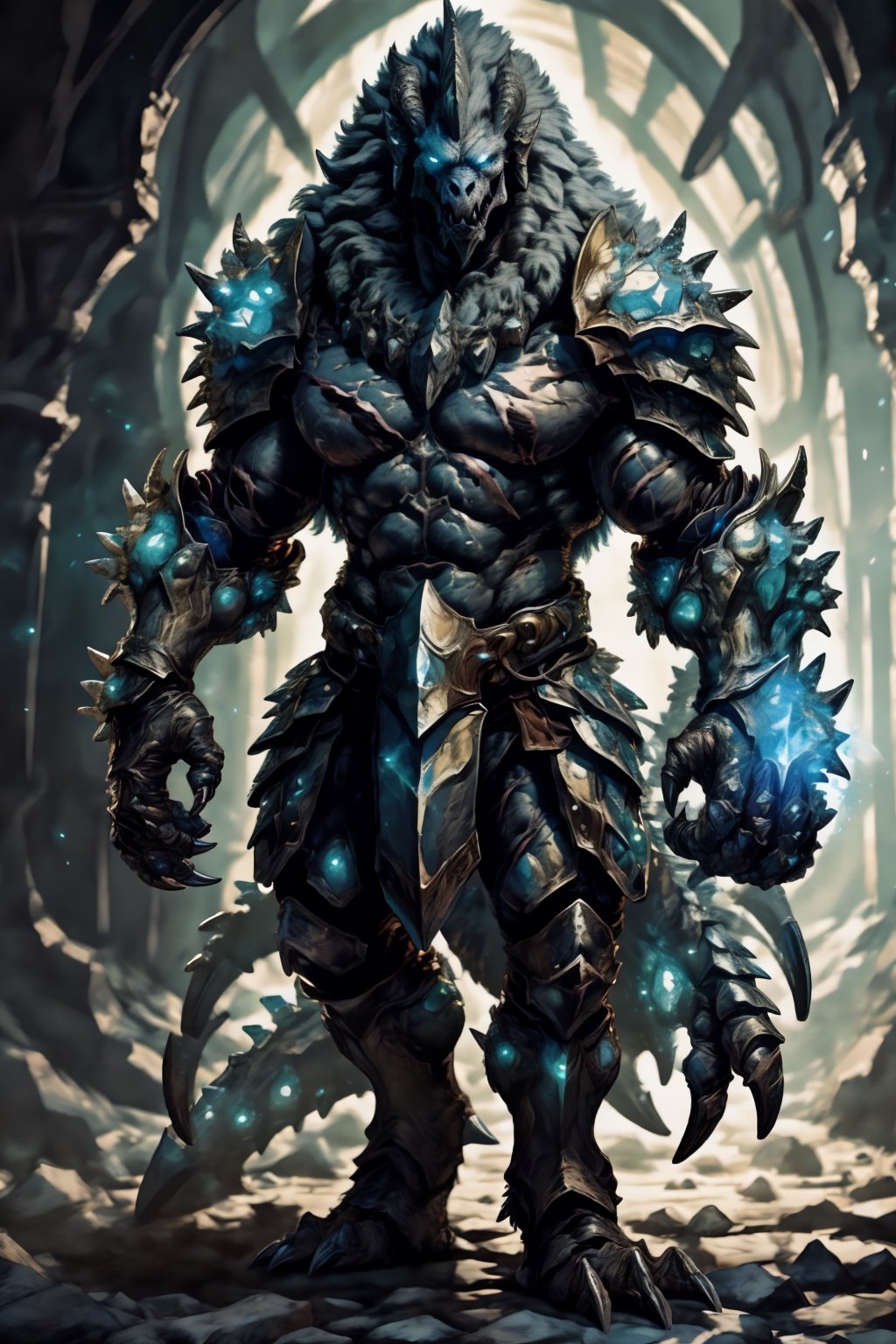 (1 boy,rizard monster,fullbody,armor,gauntlet,sharp magic nails,scars body,muscularity,mane hair,curved  goathorns:1.3),(monster,no human),(beautyful irrust,ultra detail),looking viewer,sfw,fantasy,blue theme,black scale,dark fantasy