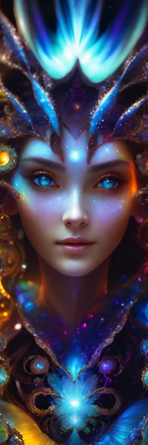 Photo of a beautiful majolica girl with translucent scales emitting glowing cosmic energy and radiance with glowing fractal glass elements, awe inspiring sense of beauty, flawless masterpiece, UHD, hyperdetailed face, hyperdetailed eyes, bacteria art style, galaxy, wide_hips, 35mm digital photograph