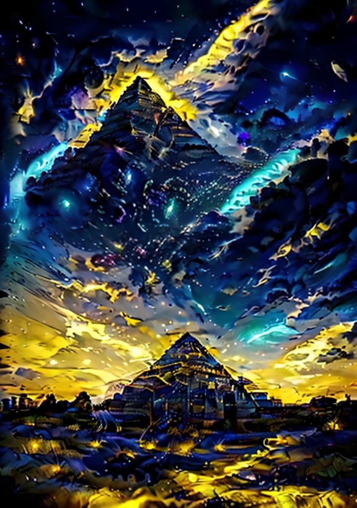 8k illustration of Pyramid in middle of desert,space illuminated by stars,volumetric lighting,highly detailed,shot on nikkon5d,EpicSky,cloud,sky