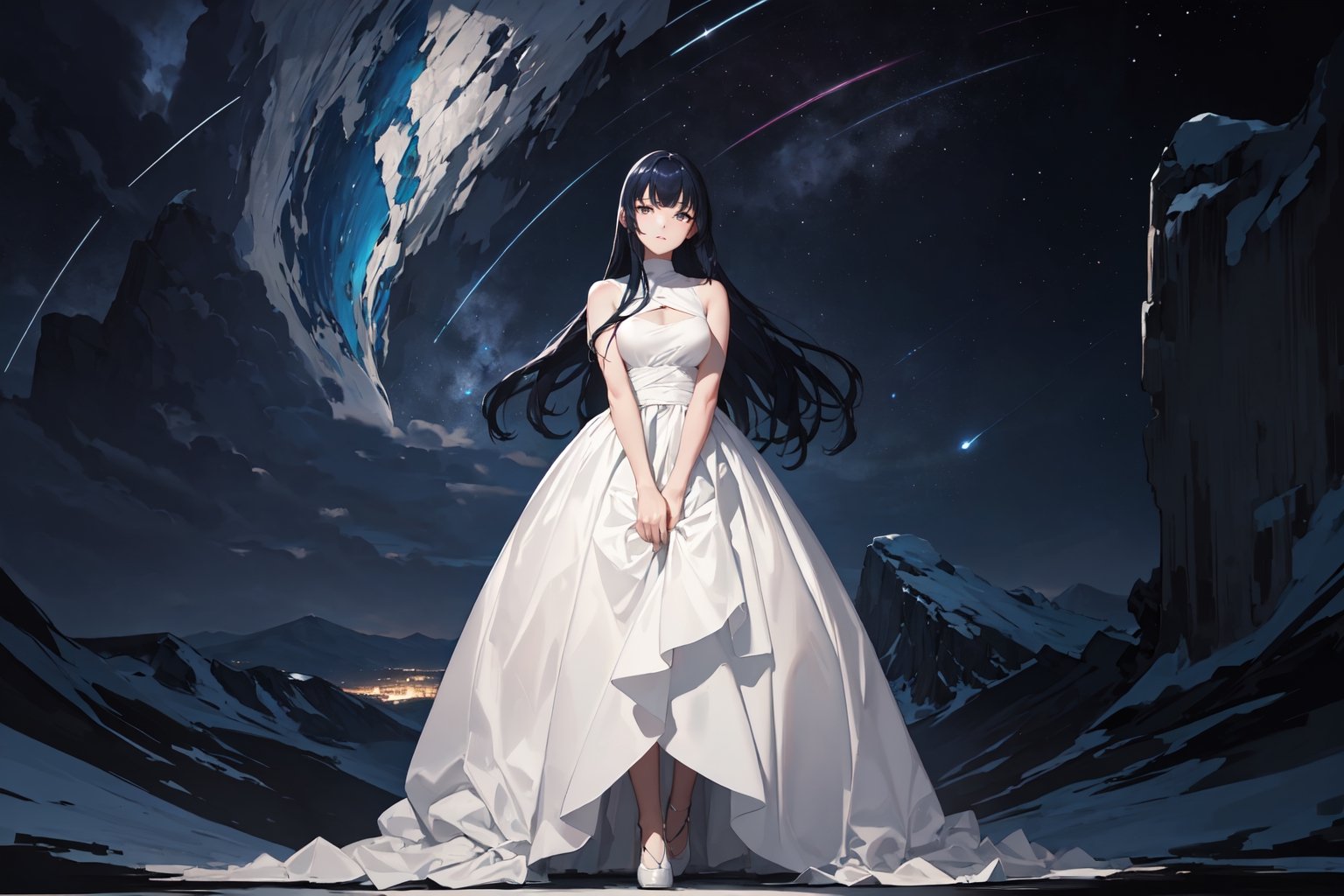 (masterpiece, best quality, ultra detail, beautiful face, nice hands, perfect hands, 1girl, solo, full body), looking at viewer,  mouth_closed, realistic, midnight, (star trail), standing, dark blue hair, very long hair,  white dress, (own_hands_together, from_front_position), mountain top, dimly,