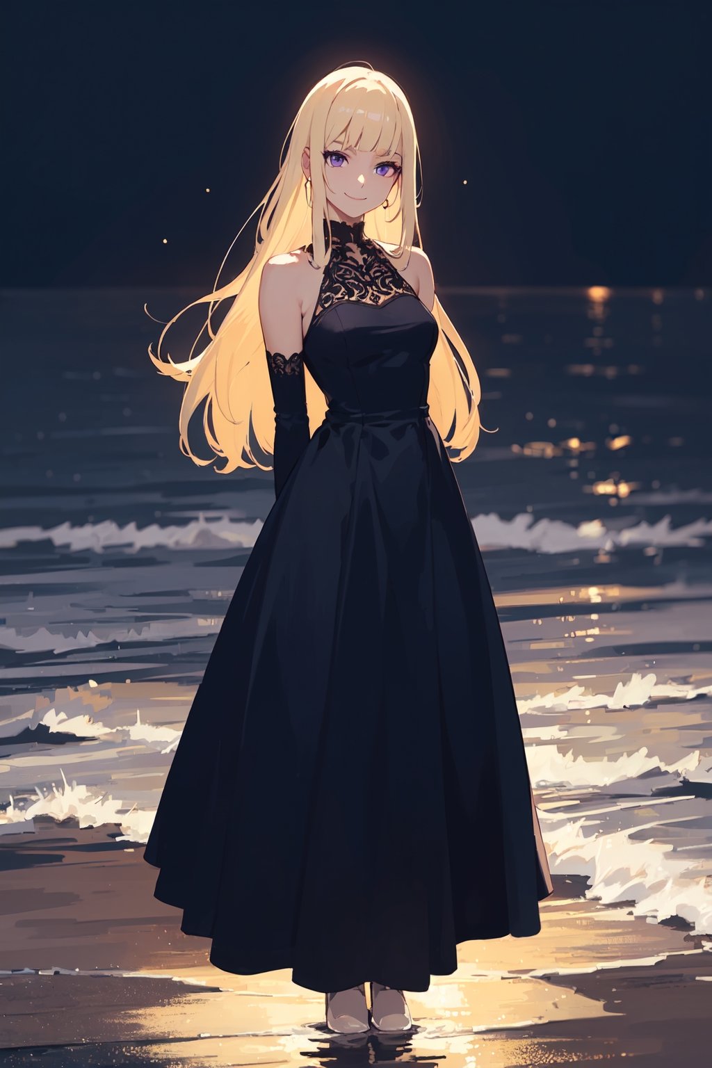 (masterpiece, best quality, ultra detail, beautiful face, nice hands, perfect hands,  1girl, solo, light_smile, cowboy_shot, full body), 

platinum blonde hair, purple eyes, blonde eyebrows, blonde eyelashes, long dress, black wedding dress, (dress with a galaxy), night, long hair, goddness, bare shoulders, blunt bangs, glowing hair, (standing on the surface of the ocean), arms behind back,
