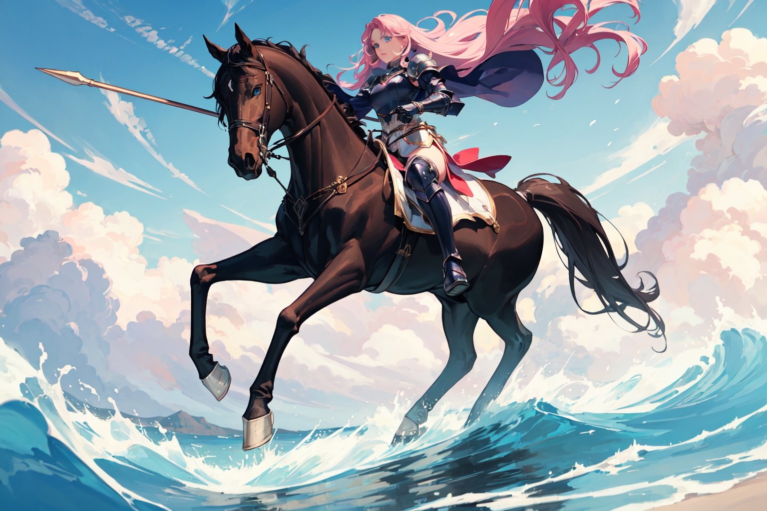 (masterpiece, best quality, ultra detail, beautiful face, nice hands, perfect hands, 1girl, solo, full body), realistic, 
upside_down castle, pink wave hair, blue eyes, black armor, riding white horse, flying, hold spear,