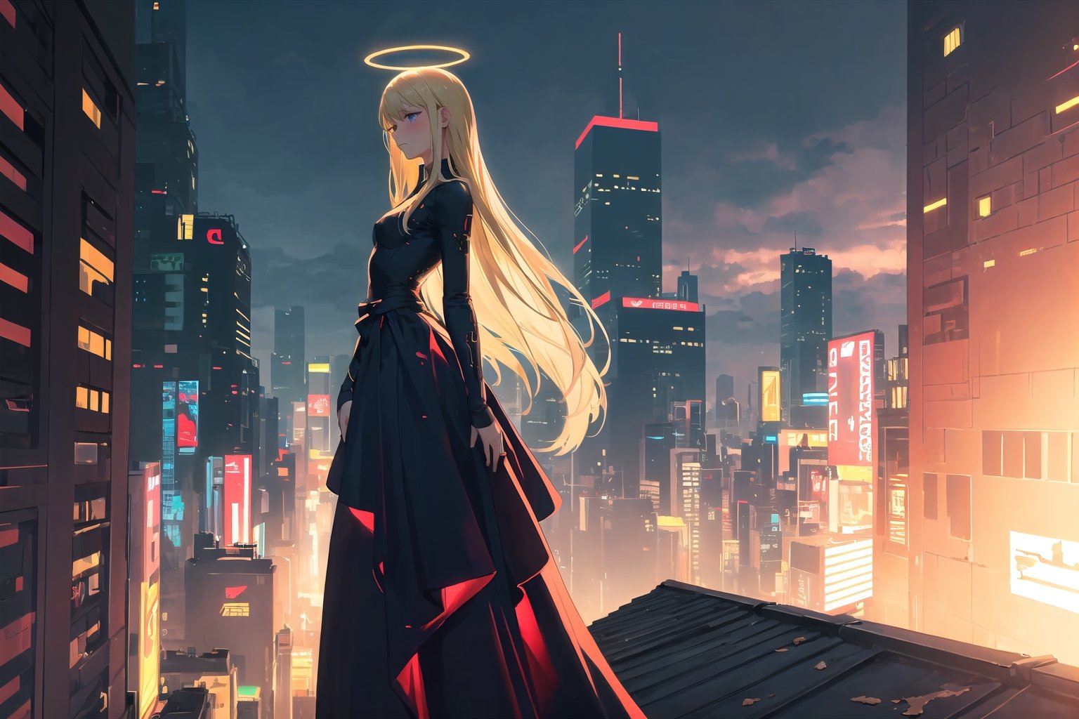 blonde, long hair, purple eyes, (outdoor, cyberpunk city, ruined city, standing on the roof:1.2), (night, very dark, glow_in_the_dark, halo) waist, angel wings, white ornate dress, long skirt, from side, ray,

(masterpiece, best quality, ultra detailed:1.2), best shadow, detailed background, best illumination, vibrant colors, depth of field, nice hands, perfect hands, (realistic, 1girl, solo:1.3), looking down, blush, (medium full shot:1.4), scenery,  seductive , expressionless, indifferent,

an extremely delicate and beautiful ,cinematic light ,dramatic light, hyper detail, intricate details, wallpaper, high contrast, colorful, 