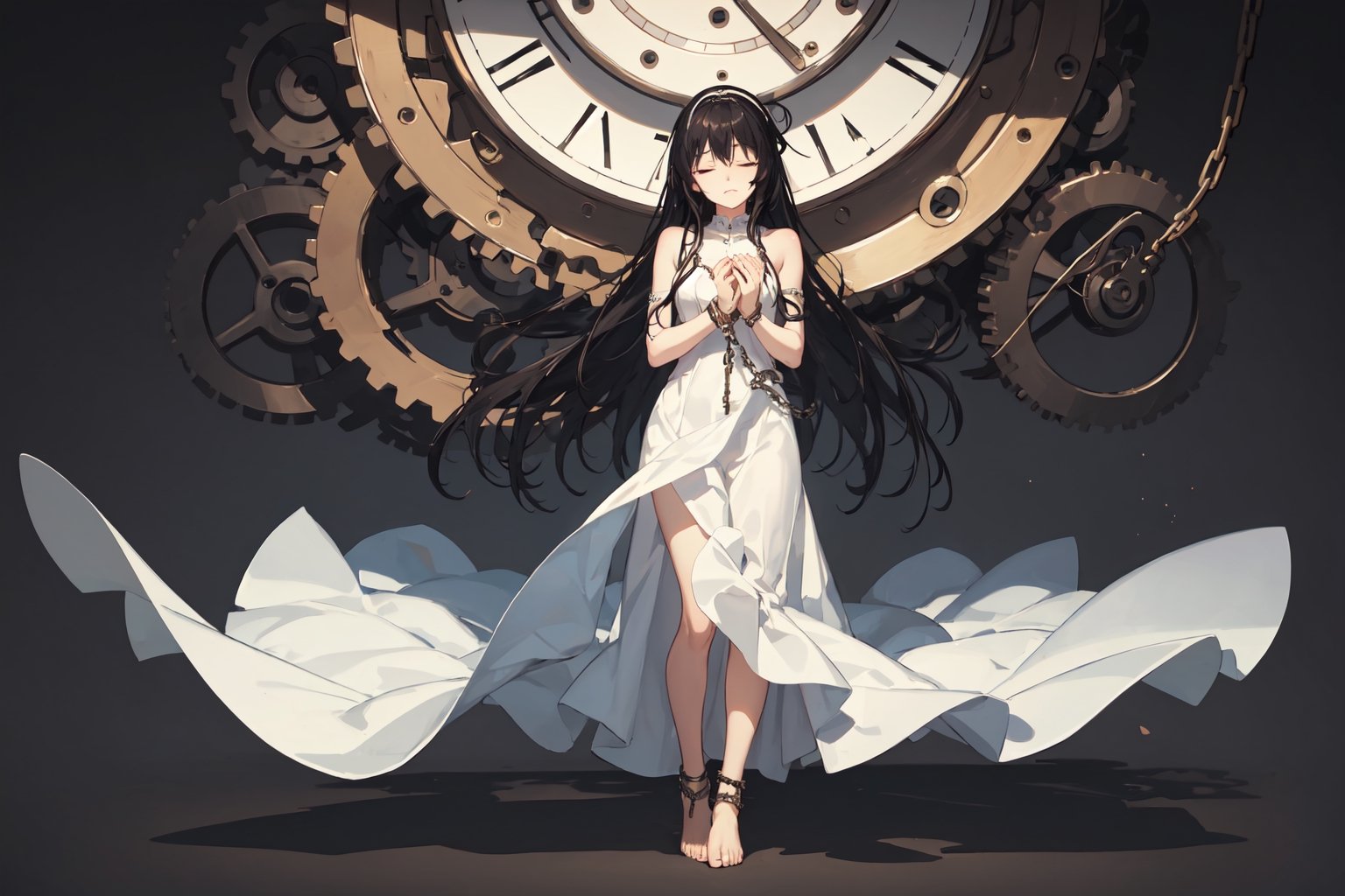 (masterpiece, best quality, ultra detail, beautiful face, nice hands, perfect hands,  1girl, solo, full body), realistic, the body is chained up, depressed, both eyes closed, hugging oneself, white dress, background filled with gears and timepieces,
plain black hairband, black hair, long hair, standing, bare feet, floating,
 
