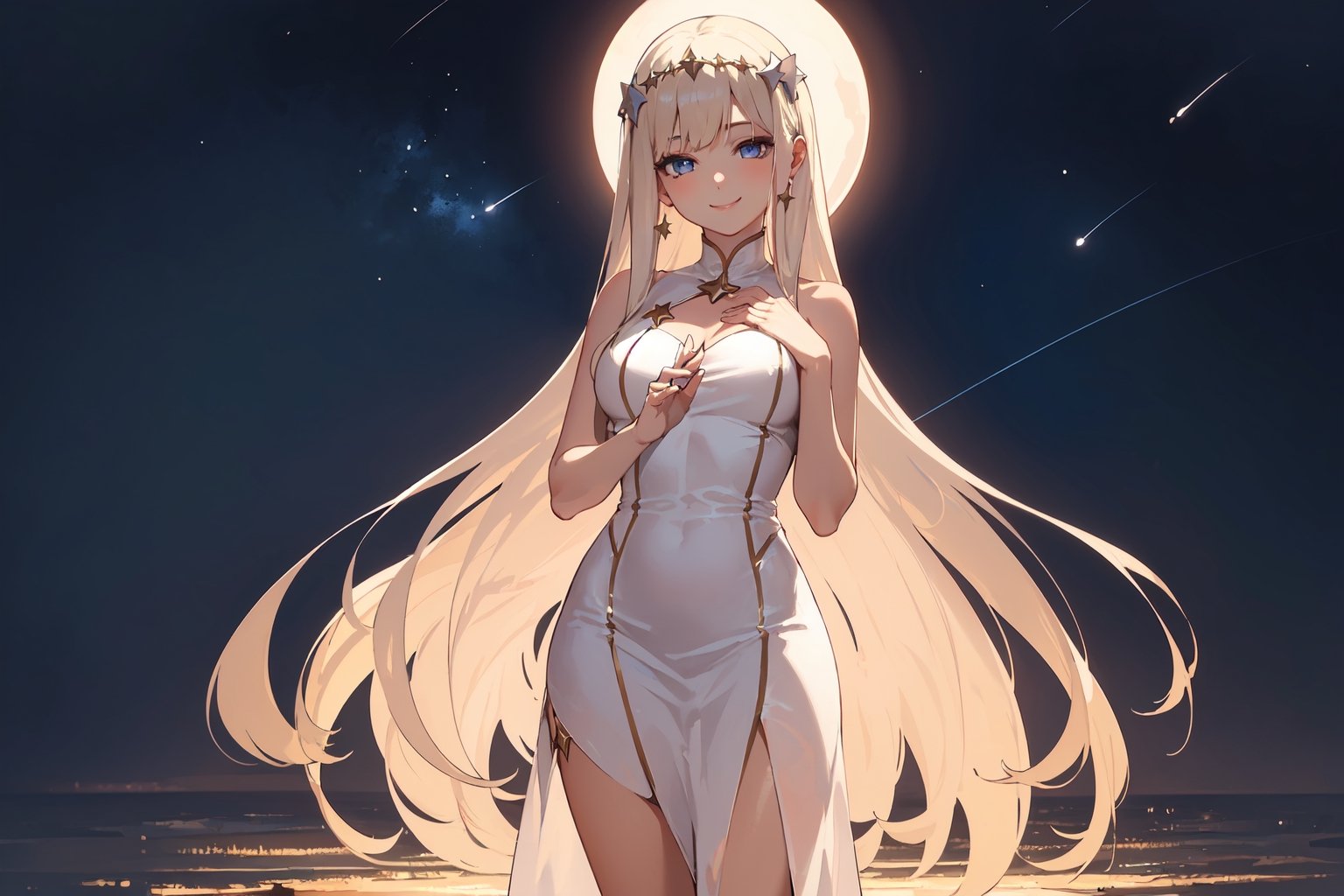 (masterpiece, best quality, ultra detail, beautiful face, nice hands, perfect hands,  1girl, solo, smile, cowboy shot, full body), 

platinum blonde hair, platinum blonde dress, star night, long hair, goddness,