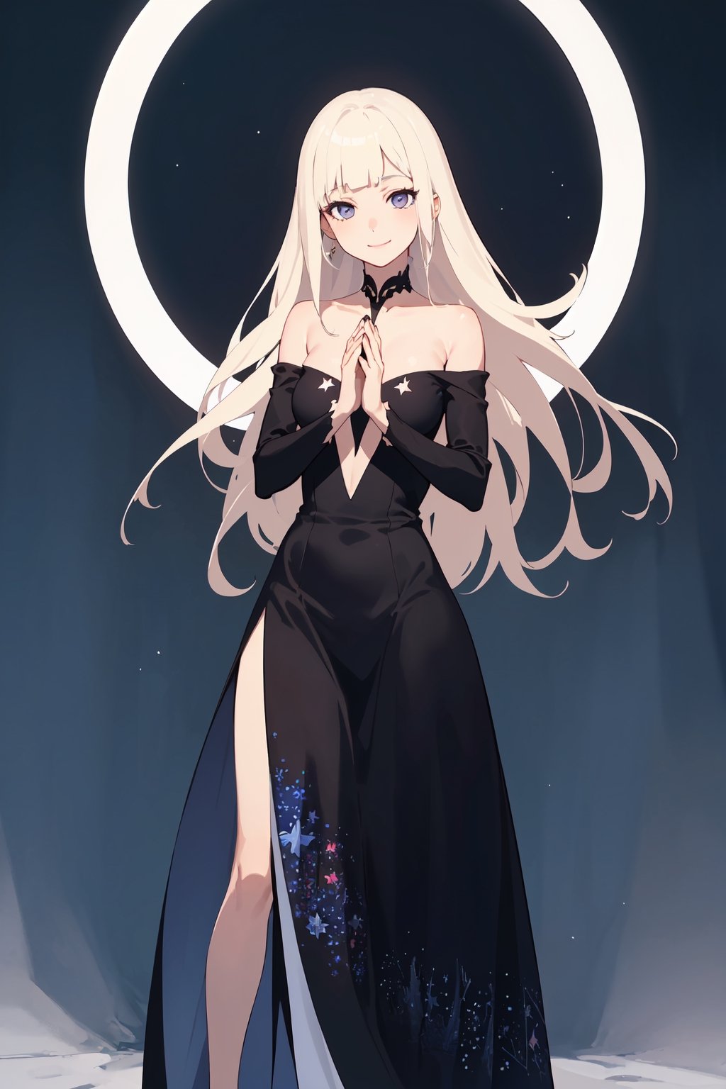 (masterpiece, best quality, ultra detail, beautiful face, nice hands, perfect hands,  1girl, solo, light_smile, cowboy_shot, full body), 

platinum blonde hair, platinum blonde eyes, long dress, black dress, (dress with a night sky print), night, long hair, goddness, bare shoulders, blunt bangs, Tsurime,
