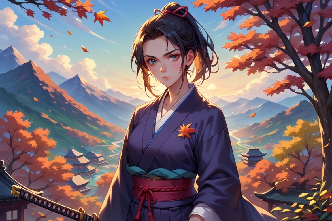 score_9, score_8_up, score_7_up, score_6_up, score_5_up, score_4_up, BREAK ,source_real, 1girl, solo, cowboy shot, looking at viewer, scenery, solo, outdoors, mountain, maple, maple leaves, autumn, black ponytail, sumurai, katana, serious,
 
