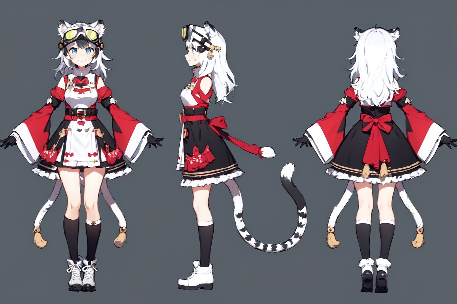 (masterpiece, best quality:1.2), (3d style:0.85), 1girl, looking at viewer, smile, medium hair, blue eyes, gloves, white background, dress, animal ears, tail, white hair, socks, virtual youtuber, wide sleeves, multiple views, animal print, goggles, goggles on head, tiger ears, reference sheet, tiger tail, tiger girl, turnaround