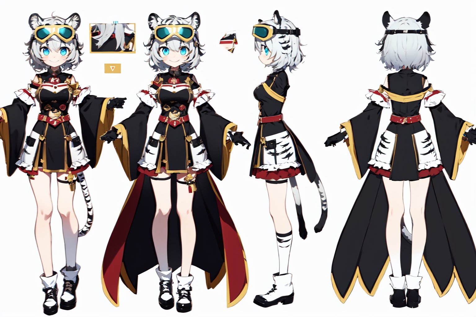 (masterpiece, best quality:1.2), (3d style:0.85), 1girl, looking at viewer, smile, medium hair, blue eyes, gloves, white background, dress, animal ears, tail, white hair, socks, virtual youtuber, wide sleeves, multiple views, animal print, goggles, goggles on head, tiger ears, reference sheet, tiger tail, tiger girl, turnaround