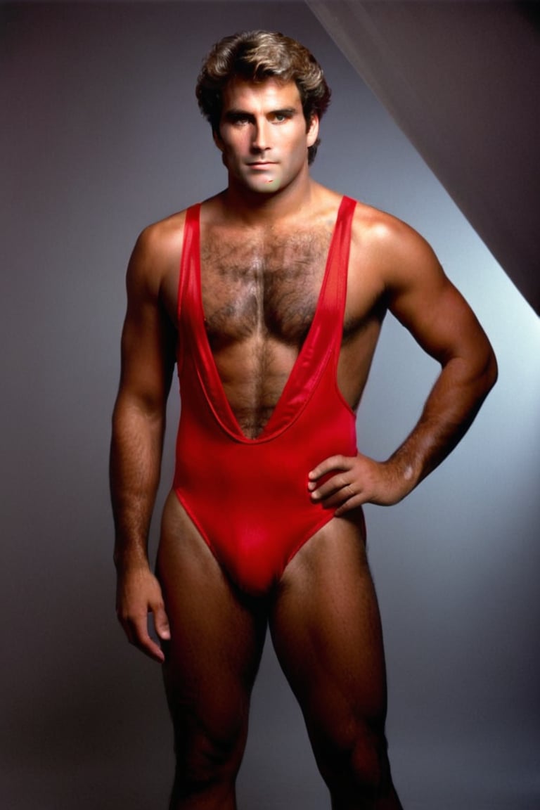 In a dimly lit photography studio, a photorealistic 1985 portrait features a hairy man with short, neatly trimmed hair. He stands confidently, dressed in a red tiny lowcut small (((bulging))) speedo. His piercing gaze directly addresses the camera, exuding a sense of intensity and sophistication as he strikes a pose, reminiscent of a high-fashion model.