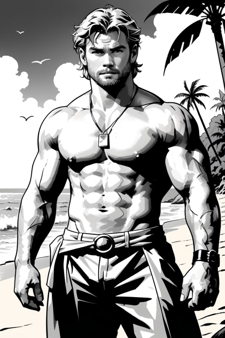 , (((ink drawing))), (((monochrome))),(((cartoon style))), high quality, 4k,masterpiece, (((in the style of alex raymond drawing ))),(((drawing comics style))),
(((high contrast))), (((line drawing))),one man on a beach, the man look like chris hemsworth,