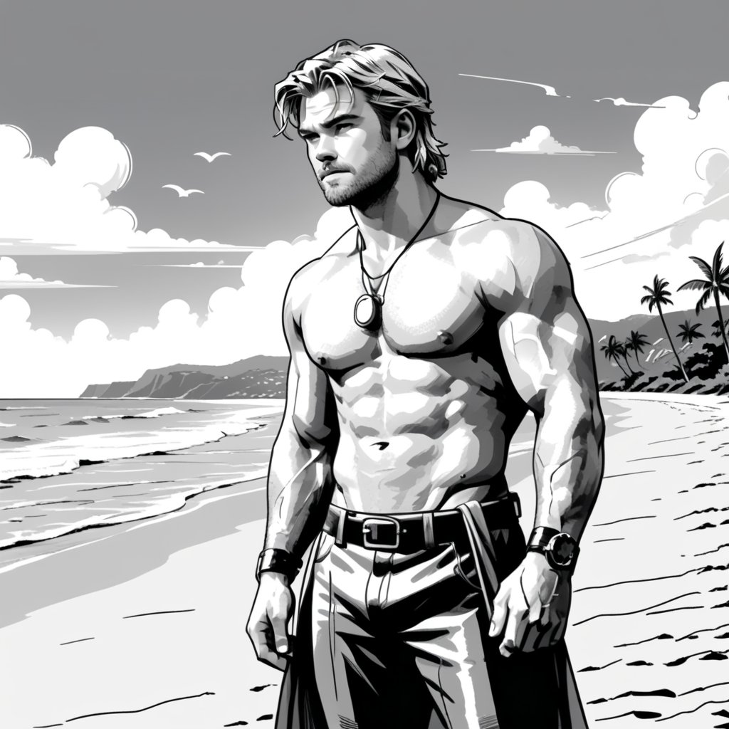 , (((ink drawing))), (((monochrome))),(((cartoon style))), high quality, 4k,masterpiece, (((in the style of alex raymond drawing ))),(((drawing comics style))),
(((high contrast))), (((line drawing))),one man on a beach, the man look like chris hemsworth,