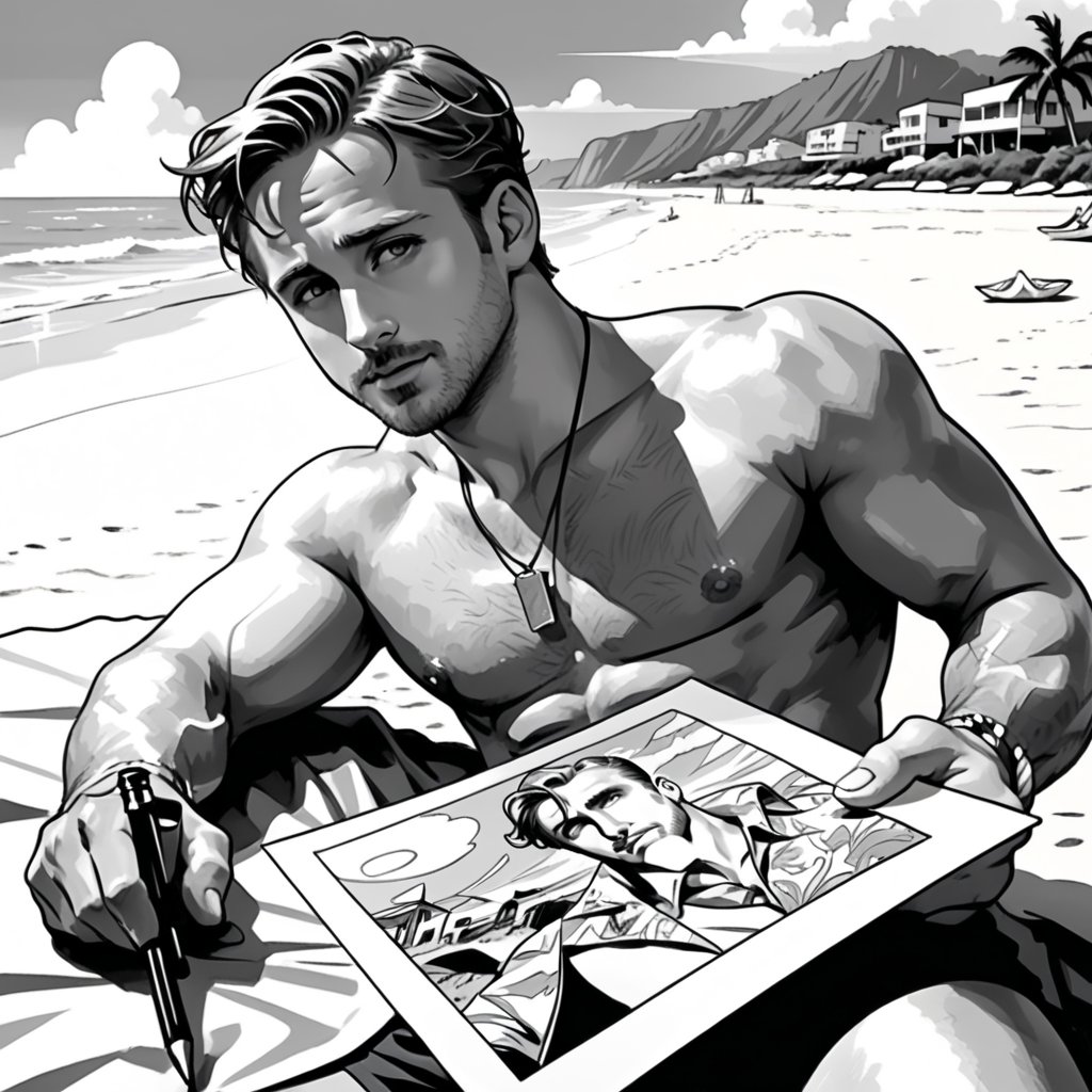 , (((ink drawing))), (((monochrome))),(((cartoon style))), high quality, 4k,masterpiece, (((in the style of alex raymond drawing ))),(((drawing comics style))),
(((high contrast))), (((line drawing))),one man on a beach, the man look like Ryan Gosling,