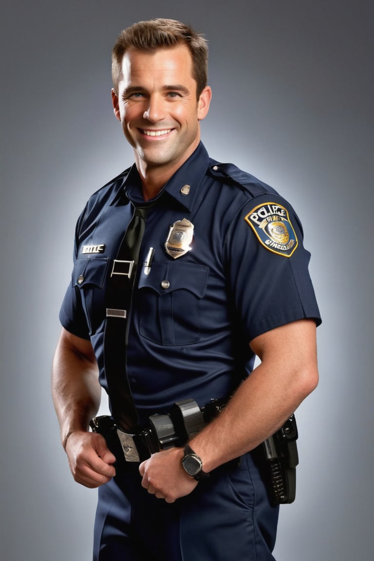 masterpiece,high definition,ultra realistic,portrait,one photorealistic handsome (hairy) man,Realism,slick hair combed back,(((man is wearing a open police uniform))),hairy,full body,face,smile