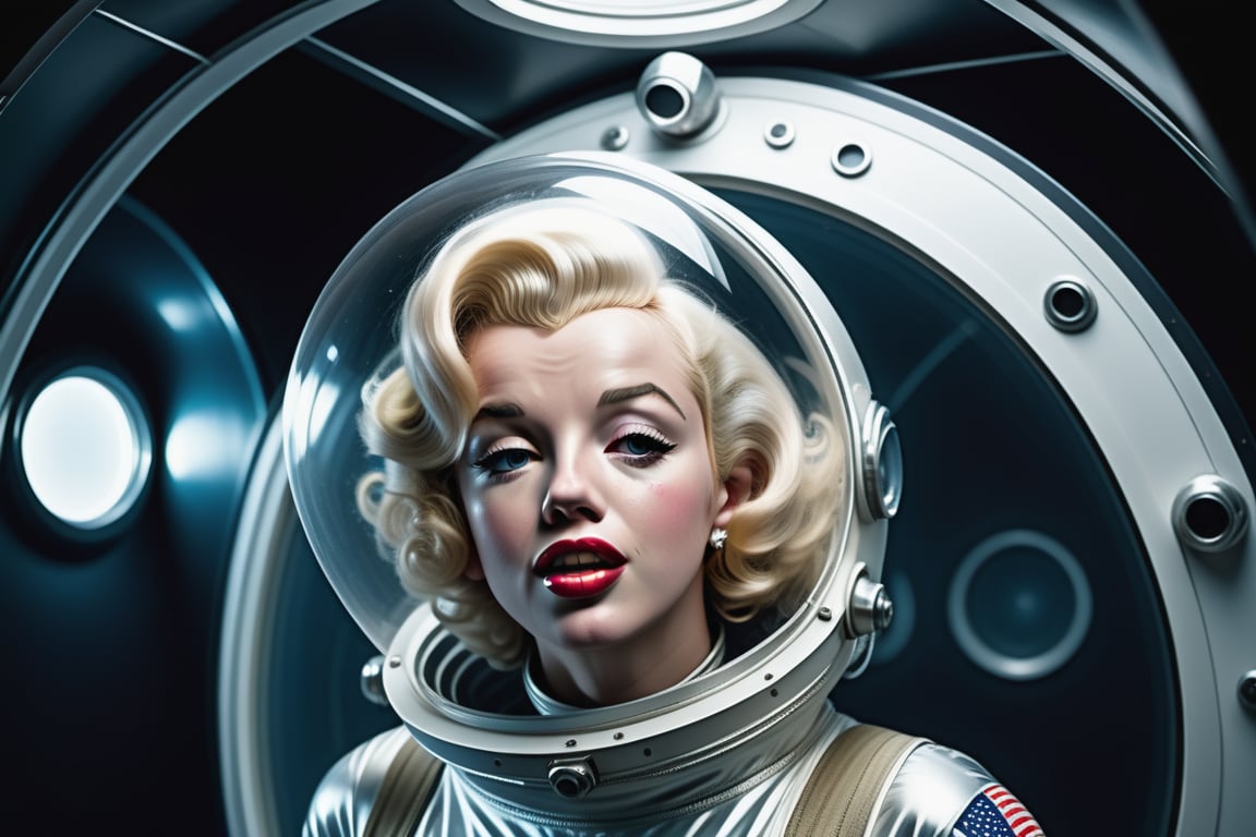 one woman who look like (((marylin monroe))),woman is wearing a spacesuit and a plexi glass round space helmet,woman is standing in a retro dark spaceship, (((woman is looking very scared)),