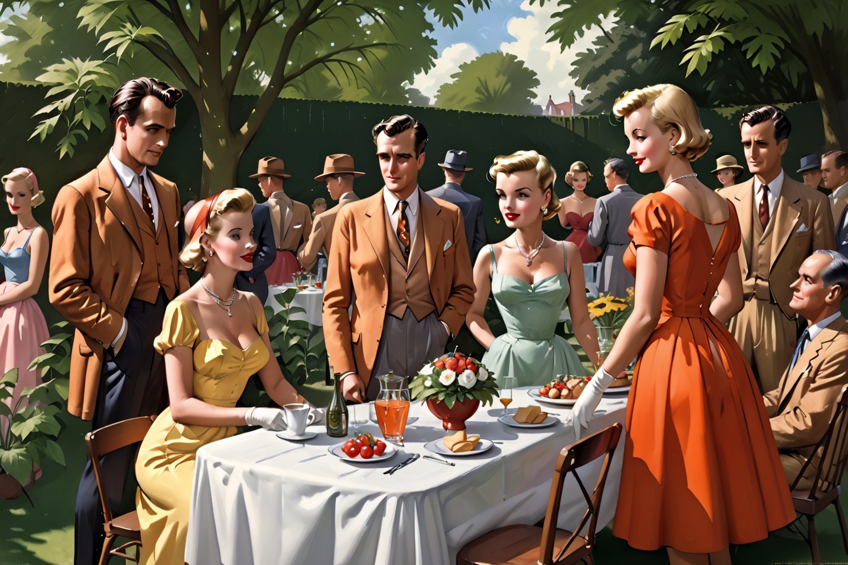 photorealistic, high quality,masterpiece ,(((in the style of alex raymond,))),in the year of 1955, a garden party,