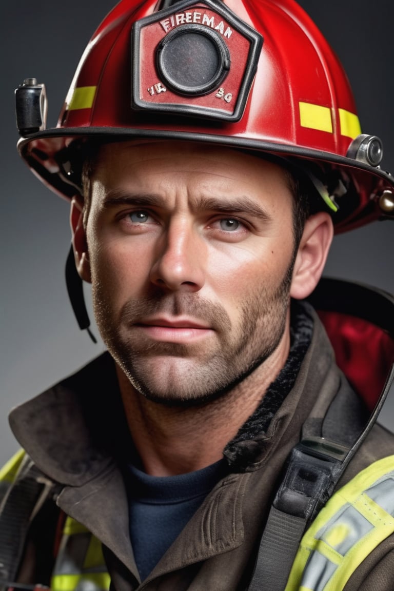 masterpiece,high definition,ultra realistic,portrait,one photorealistic handsome (hairy) man,Realism,(((man is wearing a fireman uniform))),,hairy,full body,face,