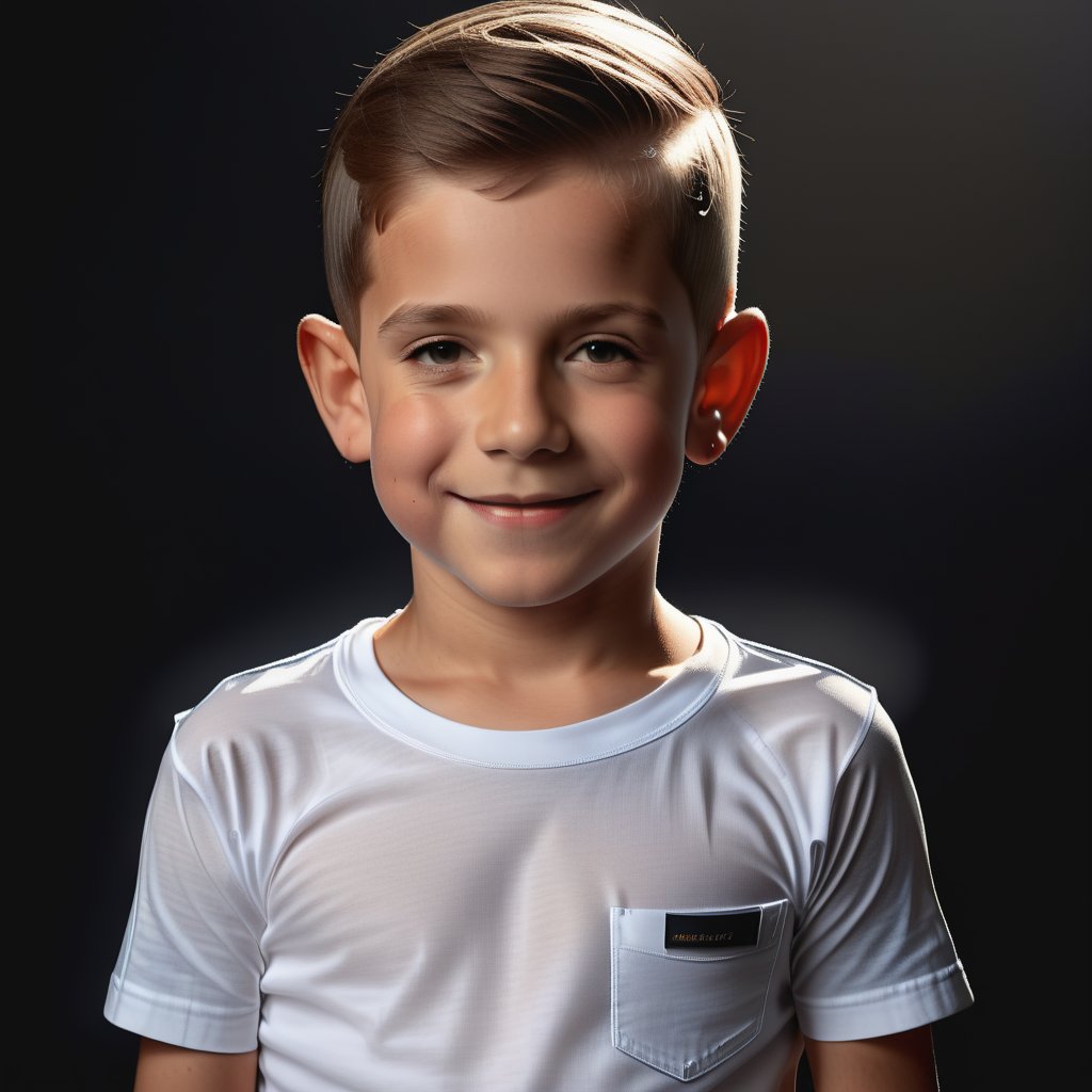 ,UHD, 8K, masterpiece, ultra realistic, realistic skin,Extremely Realistic,  photorealistic,one 8 year old nude boy,boy is wearing  a white t-shirt and jeans, boy is inside,simple dark background,up close,portait,smile,