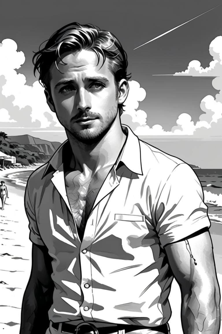 , (((ink drawing))), (((monochrome))),(((cartoon style))), high quality, 4k,masterpiece, (((in the style of alex raymond drawing ))),(((drawing comics style))),
(((high contrast))), (((line drawing))),one man on a beach, the man look like Ryan Gosling,