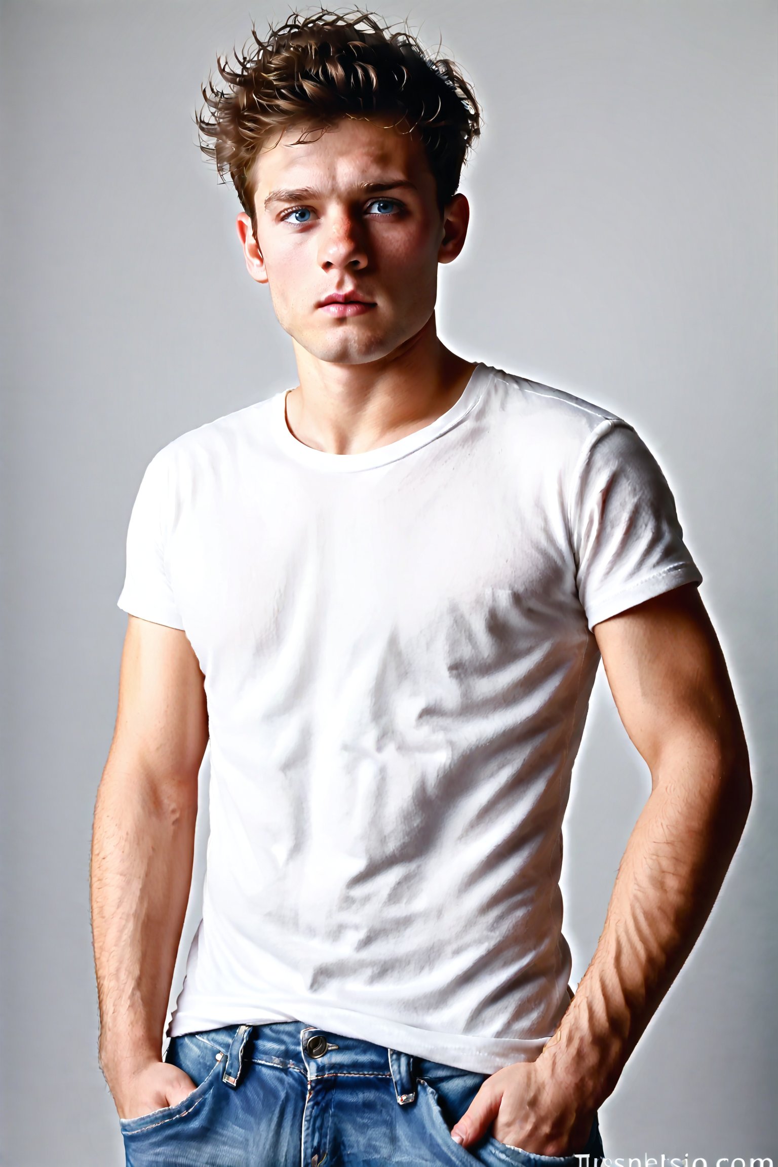 photorealistic one hairy man wearing a white t-shirt and jeans, portrait type