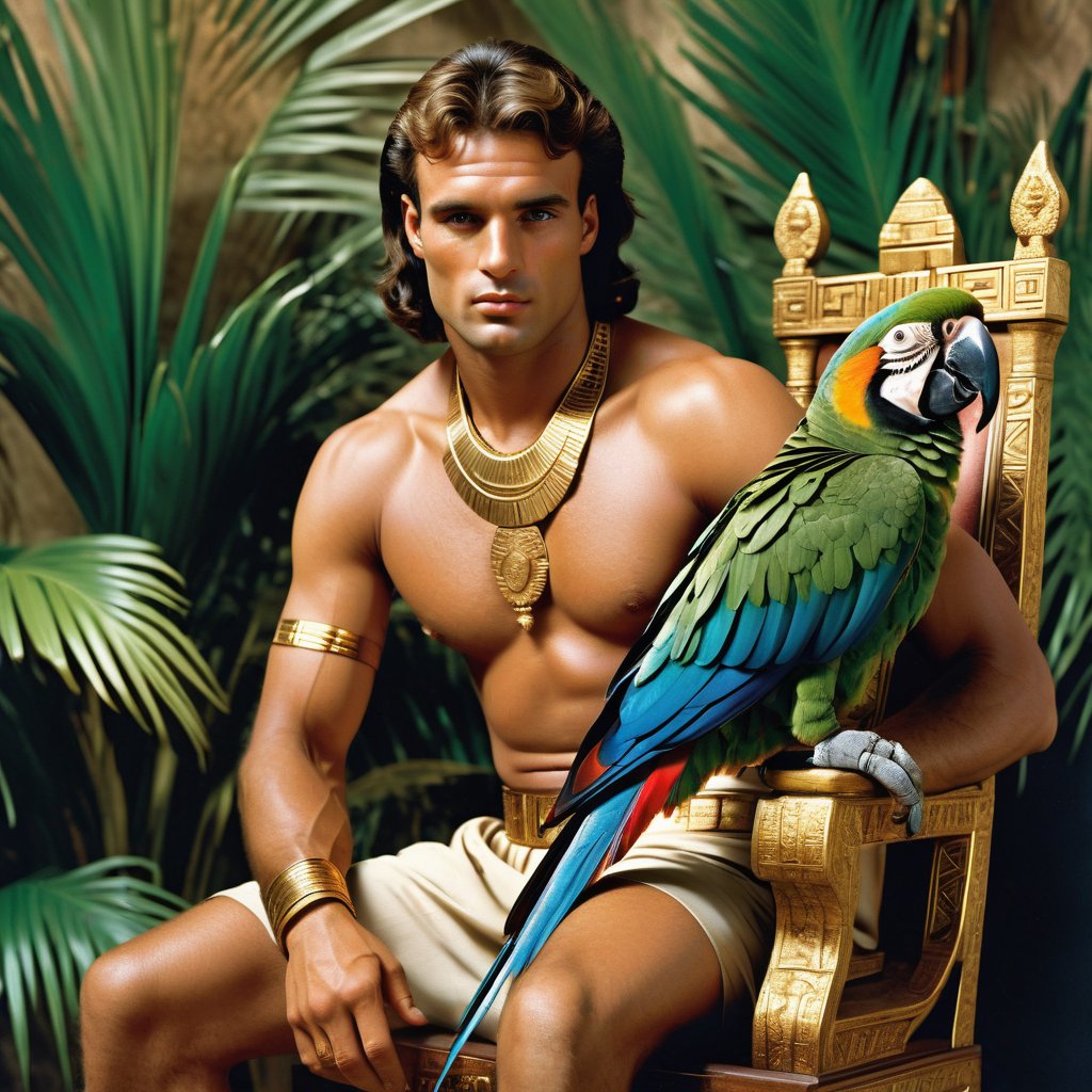 (((asymmetric))),In a photorealistic masterpiece, a regal scene unfolds, reminiscent of Ancient Egypt. A handsome man sits majestically on an intricately decorated chair, his hairy features and raised eyebrow evoking Marlon Brando's striking countenance. He dons a nemes pharaoh headdress, exuding youthful vitality as he holds the ancient symbol of power, the heka sceptre. Dramatic side lighting highlights the gold hieroglyphics etched into the dusty, ancient surroundings, amidst ((green palms in the background)) and ((((a colorful parrot perches on the arm of the man)))), frozen in time.,younger,hairy
