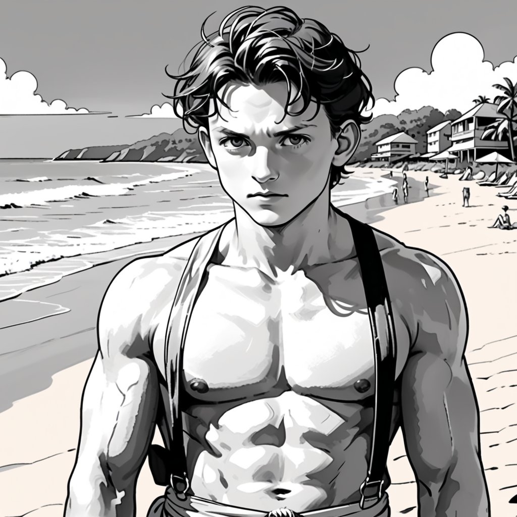 , (((ink drawing))), (((monochrome))),(((cartoon style))), high quality, 4k,masterpiece, (((in the style of alex raymond drawing ))),(((drawing comics style))),
(((high contrast))), (((line drawing))),one man on a beach, the man look like tom holland,