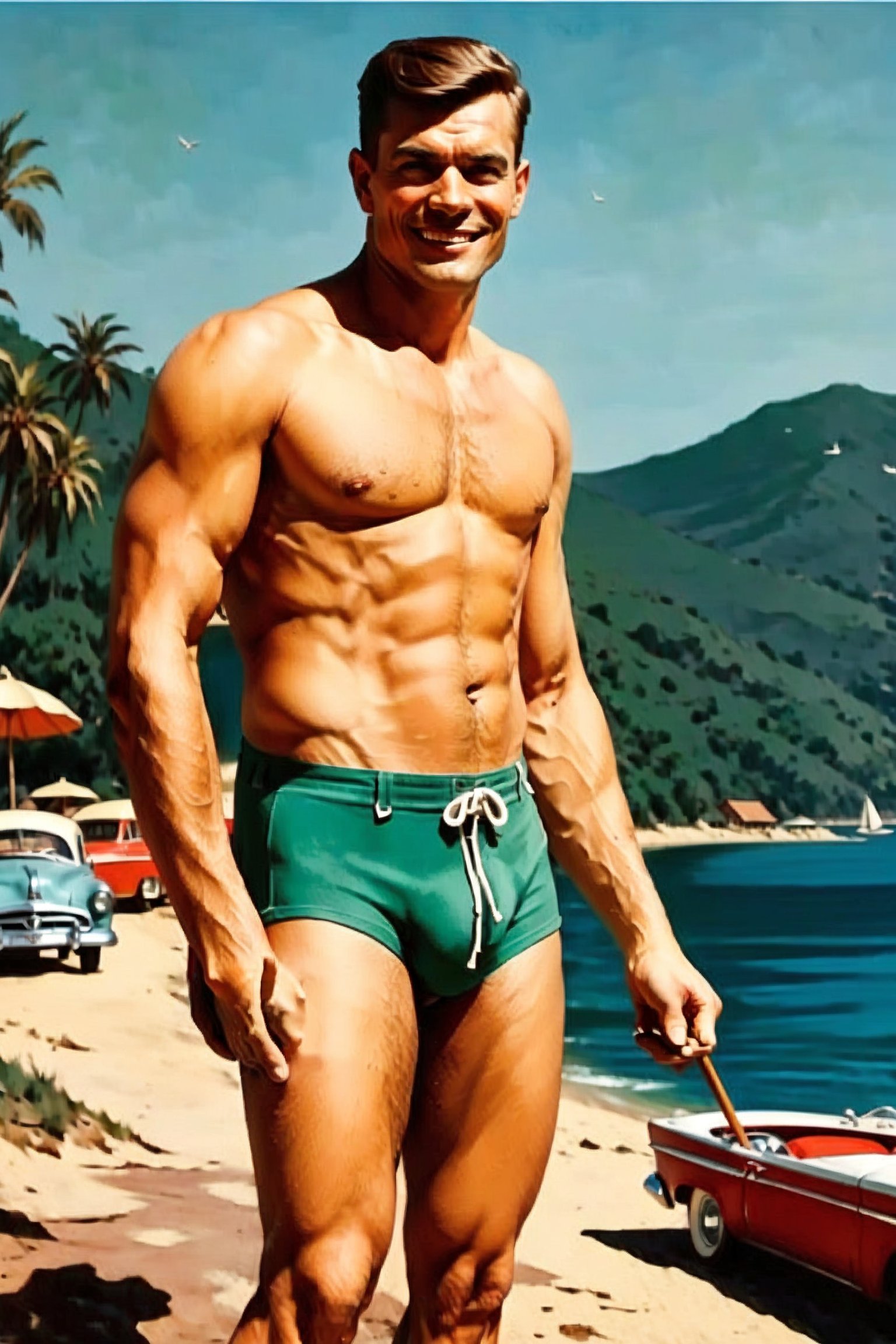 (((in the year of 1952))),photorealistic, masterpiece, high quality, (((((in the style of american mid century ((linedrawn)) illustration,))))),(((one hairy handsome muscular mature man))),at the beach, man is wearing bulging swiming trunks,the man is posing for the camera,man grin widely,