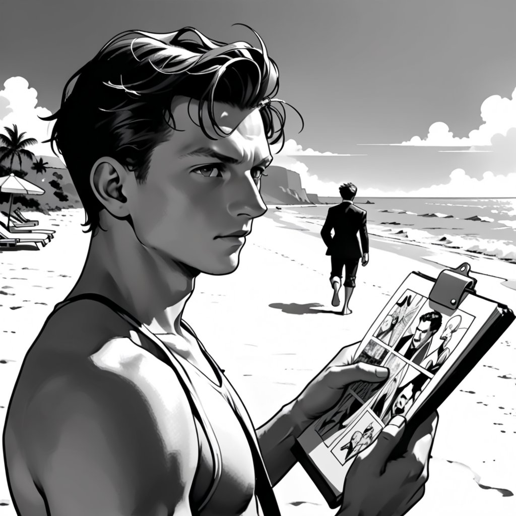 , (((ink drawing))), (((monochrome))),(((cartoon style))), high quality, 4k,masterpiece, (((in the style of alex raymond drawing ))),(((drawing comics style))),
(((high contrast))), (((line drawing))),one man on a beach, the man look like tom holland,