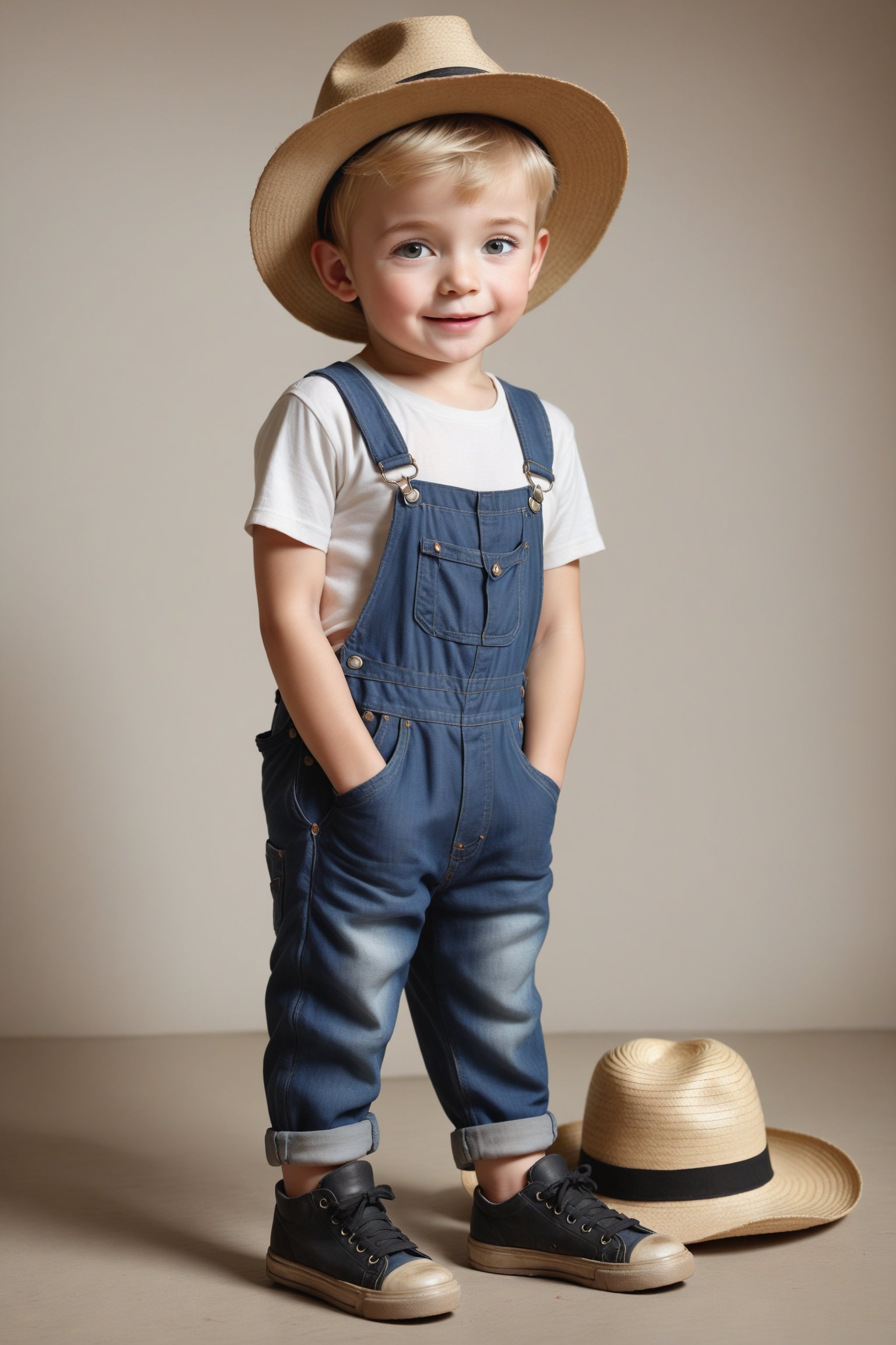 photorealistic, high quality,BREAK ,1boy, one cute boy,  the boy is wearing overalls, black old shoes and a 
 strawhat