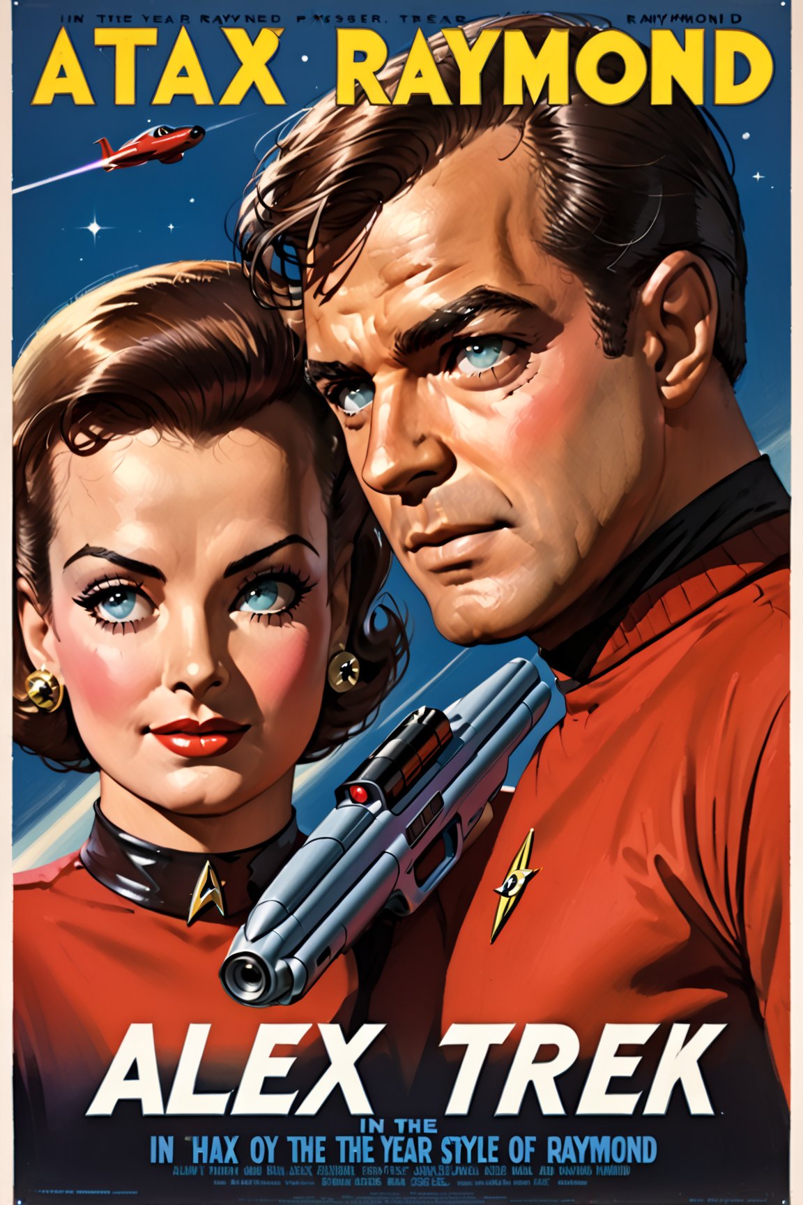 photorealistic, high quality,masterpiece ,(((in the style of alex raymond,))),movie poster, in the year of 1955,"Star Trek", phaser,