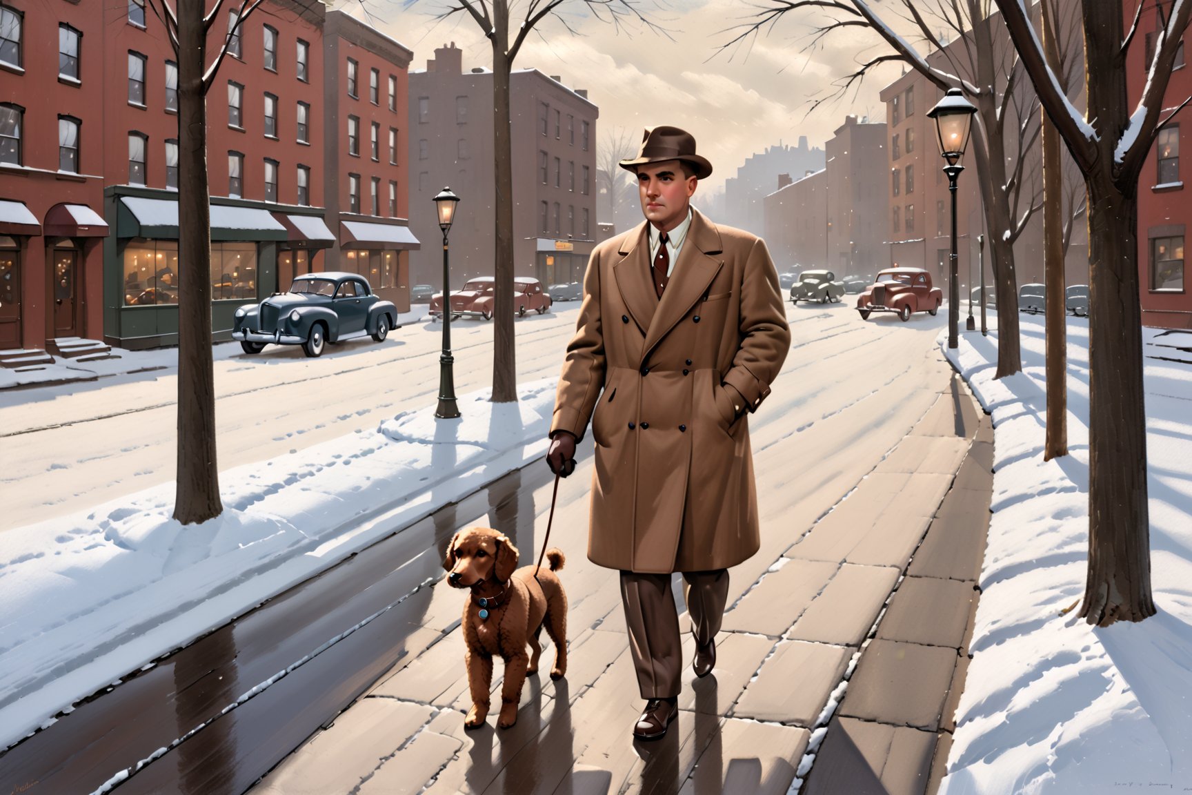 photorealistic, high quality,masterpiece ,(((in the style of alex raymond,))),in the year of 1955, a man walking a poodle on the street,wintertime,