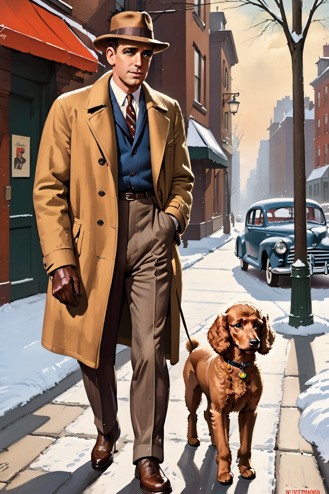 photorealistic, high quality,masterpiece ,(((in the style of alex raymond,))),magazine cover, in the year of 1955, a man walking a poodle on the street,wintertime,