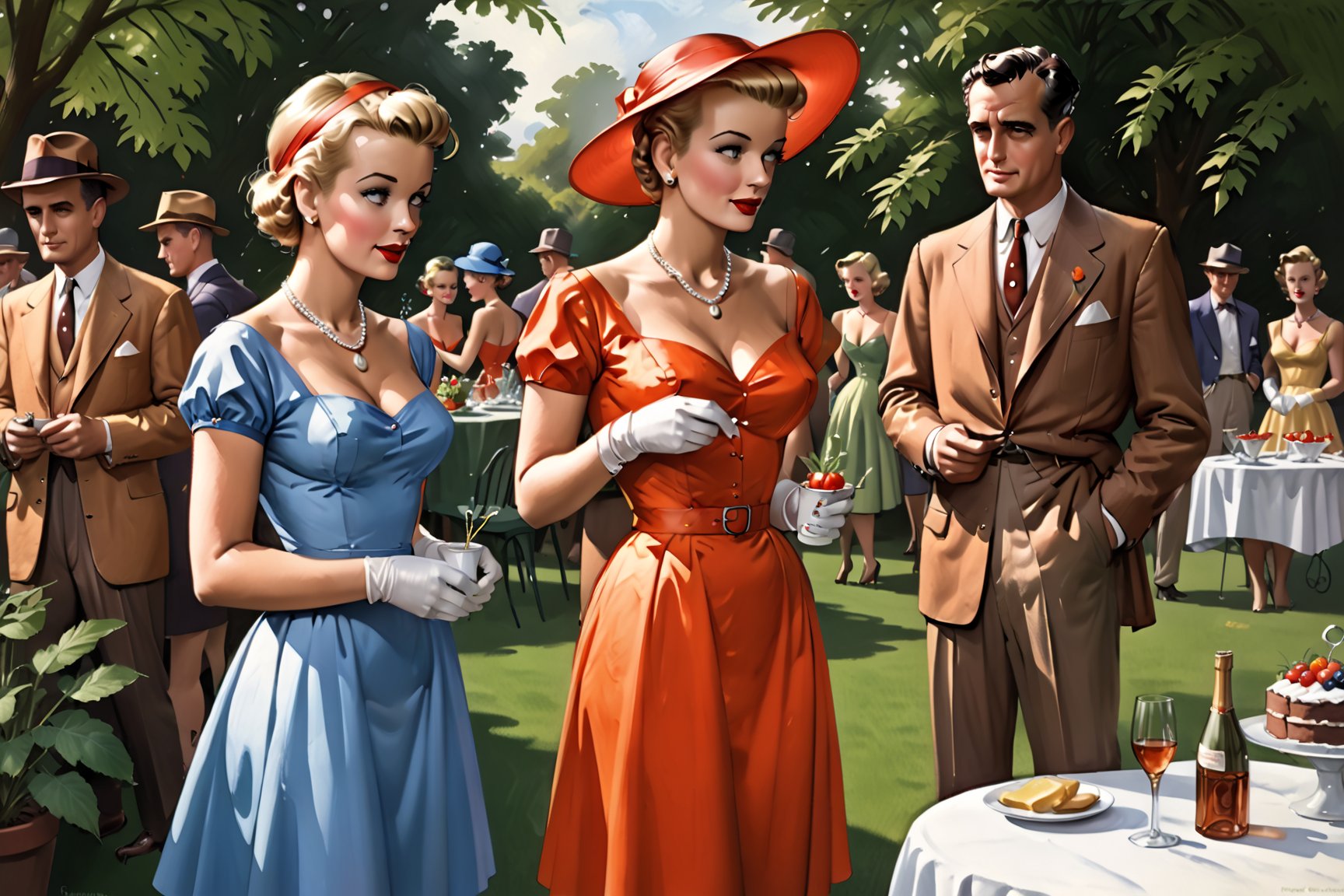 photorealistic, high quality,masterpiece ,(((in the style of alex raymond,))),in the year of 1955, a garden party,