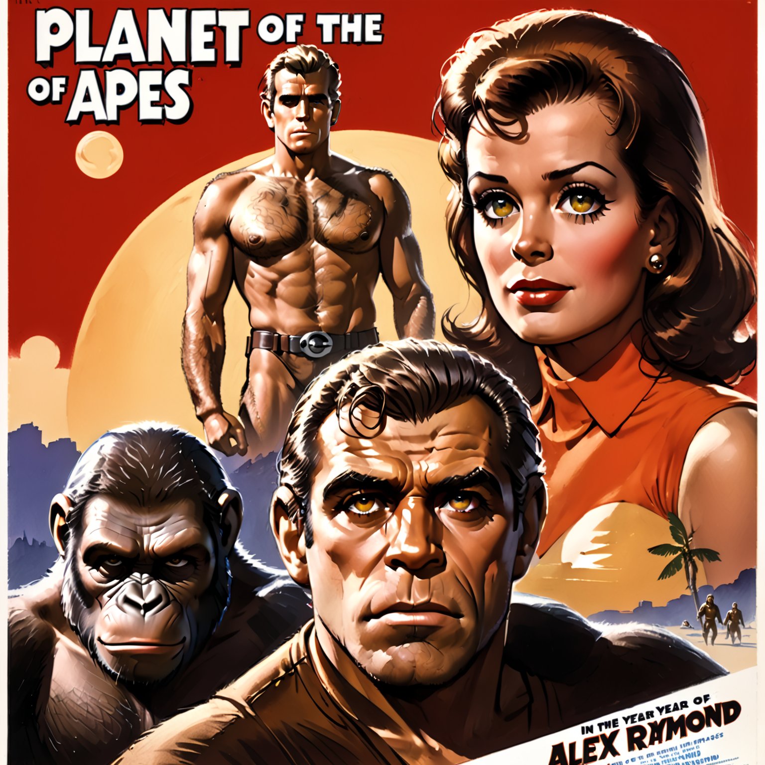 photorealistic, high quality,masterpiece ,(((in the style of alex raymond,))),movie poster, in the year of 1955,"Planet of The Apes",