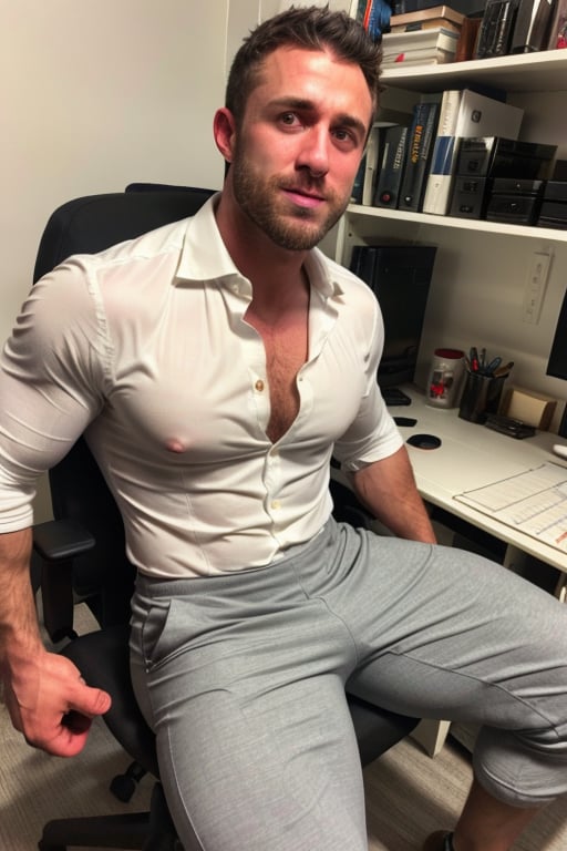 UHD, 8K, masterpiece, ultra realistic, realistic skin,Extremely Realistic  photorealistic,  
BREAK,one handsome hairy masculine blond man, the man is wearing (((very bulging))) grey pants and an open white dress shirt with rolled up sleeves,,
BREAK, the man is sitting on a office chair next to a desktable